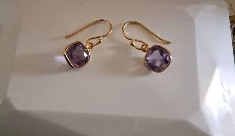 2 Ct. Genuine Amethyst Ultra Facet Dangle Wire Earrings~18K/925SS